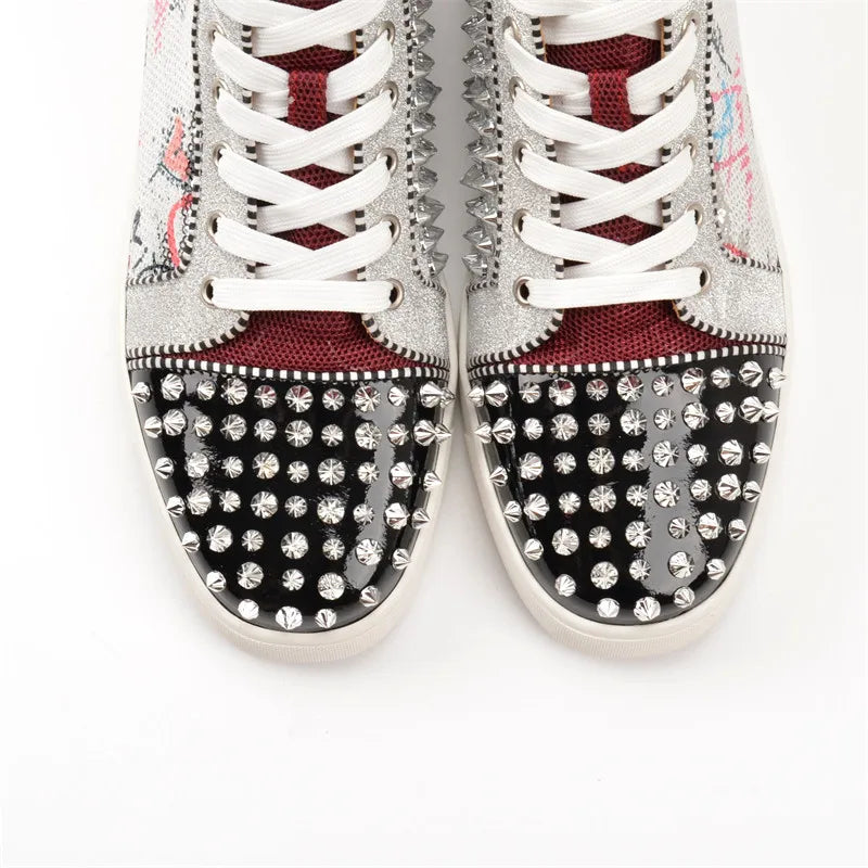 Sequined Bling High Top Men's Sneakers Unisex Casual Shoes Women Spike Rivet Flat Shoes Crystal Graffiti Fashion Design Sneakers