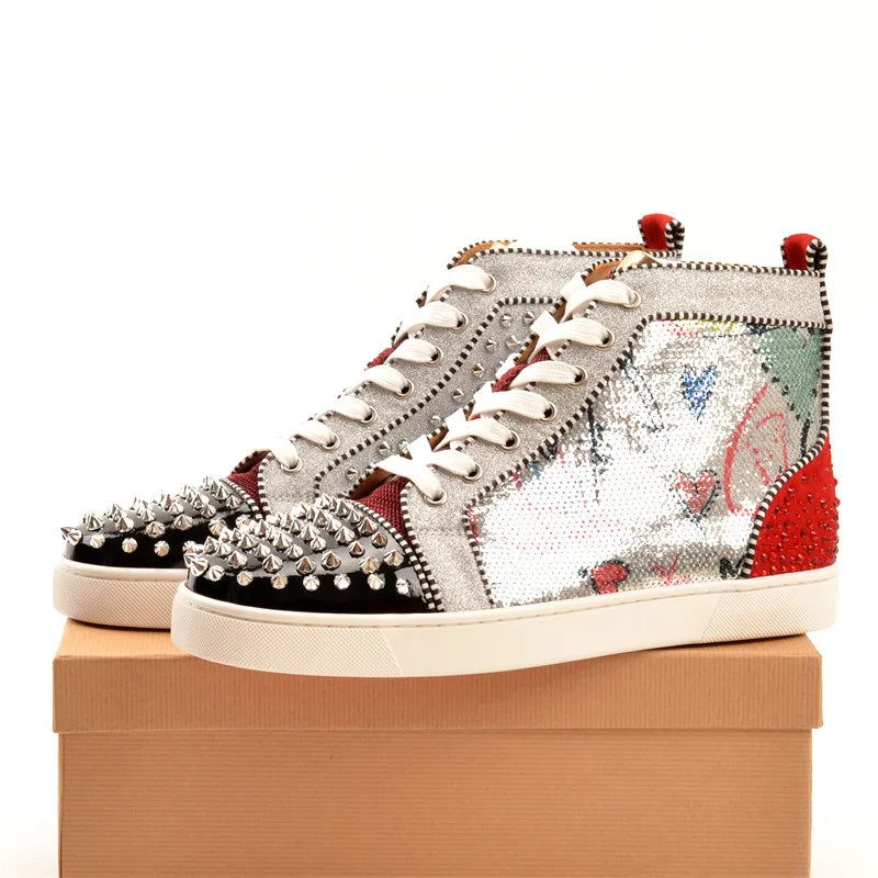 Sequined Bling High Top Men's Sneakers Unisex Casual Shoes Women Spike Rivet Flat Shoes Crystal Graffiti Fashion Design Sneakers