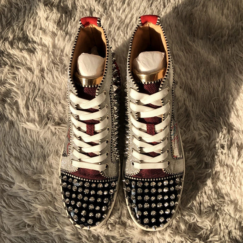 Sequined Bling High Top Men's Sneakers Unisex Casual Shoes Women Spike Rivet Flat Shoes Crystal Graffiti Fashion Design Sneakers