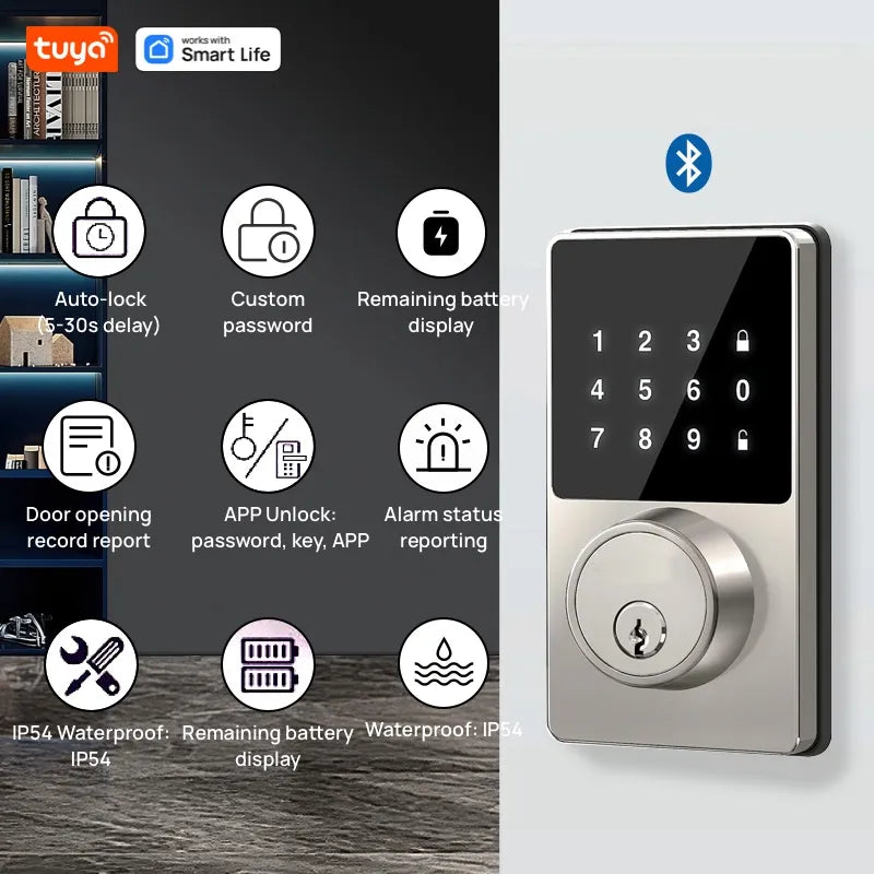 Tuya Smart Home Bluetooth Lock Keyless Entry Door Lock With Touchscreen Keypad APP Control Waterproof IP54 Low Battery Alert