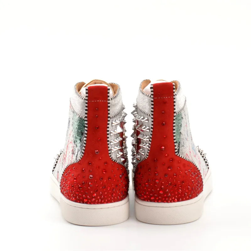 Sequined Bling High Top Men's Sneakers Unisex Casual Shoes Women Spike Rivet Flat Shoes Crystal Graffiti Fashion Design Sneakers