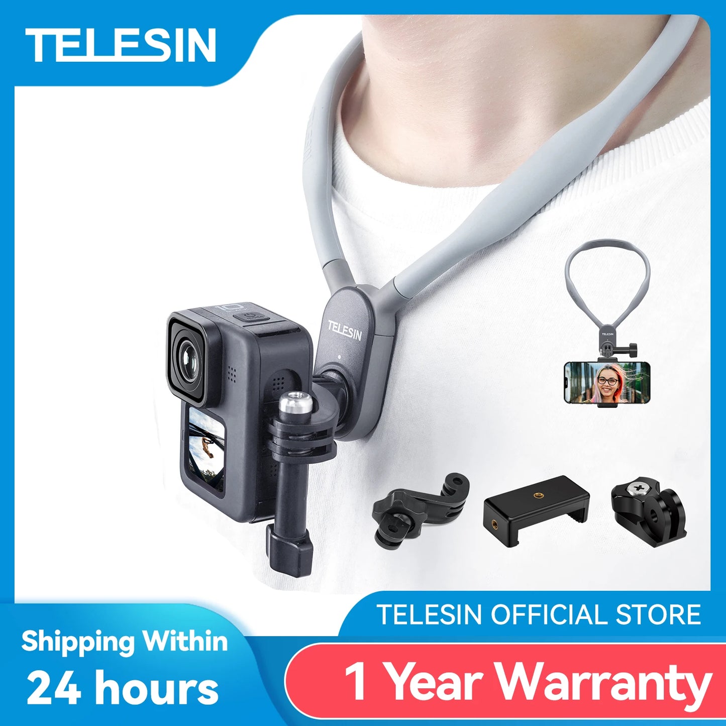 TELESIN Silicone Neck Hold Mount for GoPro Hero 11 10 9 8 7 6 5 Insta360 DJI Osmo Action Smartphone Magnetic Action Accessories