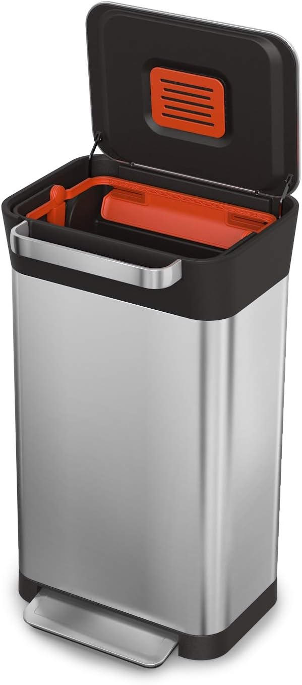 Joseph Joseph Intelligent Waste Titan Trash Can Compactor with Odor Filter, Holds Up to 90L After Compaction, Stainless Steel, 30L