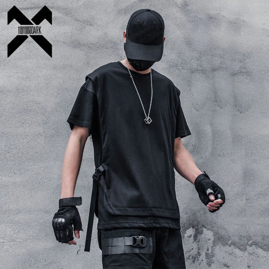 11 BYBB'S DARK Hip Hop Dark T-Shirt Men 2021 Summer Fake two Pieces Ribbon Design Streetwear Tshirts Cotton Tops Tees WB248