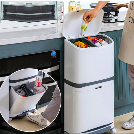 Double-Layer Kitchen Trash Can with Pedal and Wet/Dry Separation - Easy to Use and Odor-Free!