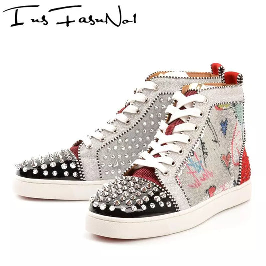 Sequined Bling High Top Men's Sneakers Unisex Casual Shoes Women Spike Rivet Flat Shoes Crystal Graffiti Fashion Design Sneakers