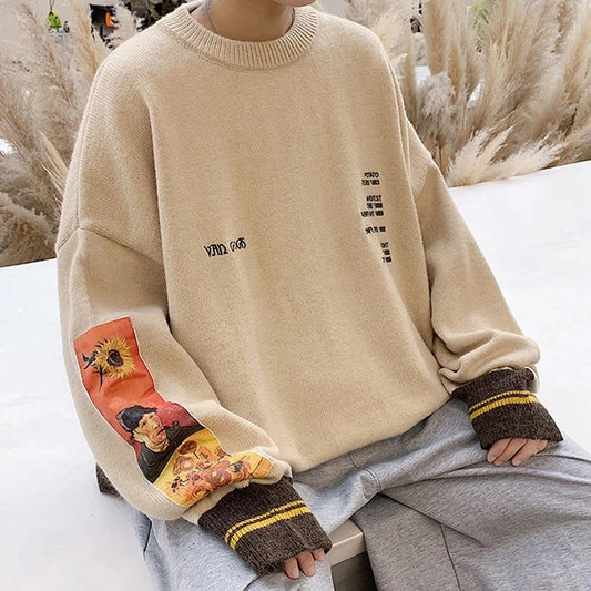 2022 Autumn Cotton Hip Hop Men Sweater Pullover Pull Homme Van Gogh Painting Embroidery Knitted Sweater Vintage